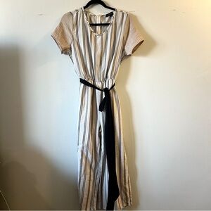 Roolee medium/large striped cream short sleeve jumpsuit. zipper in the back
